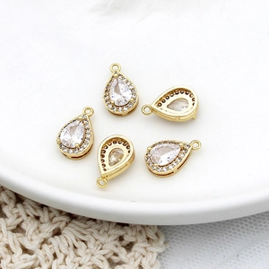 Pear-shaped 18K gold plated brass charm with clear zircon for DIY necklace jewelry making