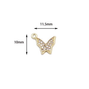 18K gold plated brass butterfly pendant with micro-set zircons, size 11.5mm x 10mm