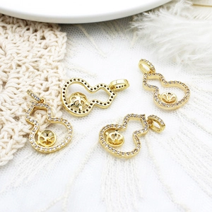 18K Gold Plated Copper Gourd Pendant Mount Micro Pave Zirconia Artificial Pearl Tray For DIY Jewelry Making Oriental Style Necklace