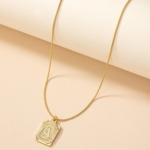 Vintage Gold Plated Alloy Square Pendant Necklace With Embossed Initial Letter Sunburst Pattern Snake Chain For Women Jewelry