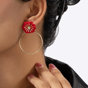 Retro wine red flower hoop earrings with crystals and gold finish for women