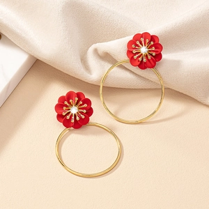 Vintage Alloy Flower Hoop Earrings For Women Luxury Wine Red White Daisy Floral Stud Earrings With Rhinestone Elegant Jewelry