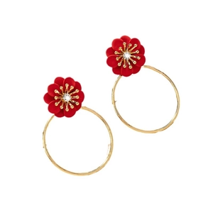 Elegant gold hoop earrings with vintage wine red flower and sparkling center crystal