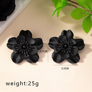 Detail of matte black floral earrings showing 5.5cm size and 3D petal texture