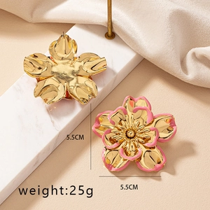 Detail shot of vintage pink enamel flower earrings with gold-plated base and dimensions