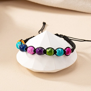 Bohemian colorful beaded bracelet with handmade braided rope and adjustable drawstring