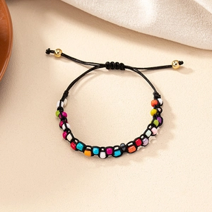 Bohemian colorful beaded bracelet with handmade black braided cord and adjustable drawstrings