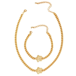 Golden jewelry set with floral alphabet letter A necklace and matching bracelet