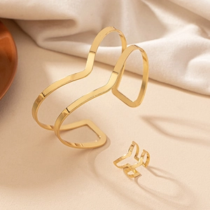 Detailed view of gold minimalist geometric hollow bracelet and ring jewelry set