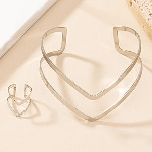 Polished silver double-layered V-shaped open cuff bracelet and matching ring set