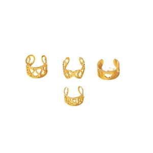 Set of four gold ear cuffs with heart and infinity patterns on a white background