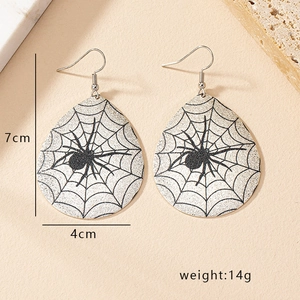 Waterdrop-shaped leather earrings featuring spider web pattern and specific size dimensions