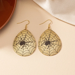 Golden teardrop earrings with black spider web pattern for Halloween fashion