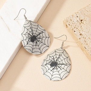 Fashionable teardrop earrings featuring vivid spider and web patterns on textured leather