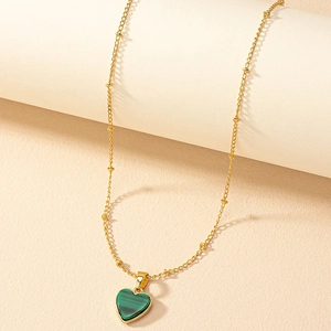 Elegant Alloy Heart Pendant Necklace Green Malachite Look Stone Satellite Chain Gold Silver Plated Jewelry For Women Gift