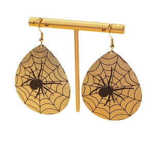 Golden teardrop earrings with black spider and web patterns for Halloween style