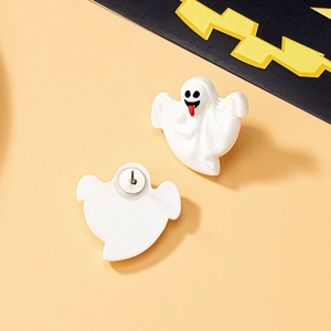 Detail view of cute acrylic ghost earrings for Halloween with red tongue and silver pins