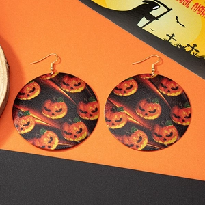 Orecchini tondi con stampa di zucca di Halloween e ganci dorati per le donne