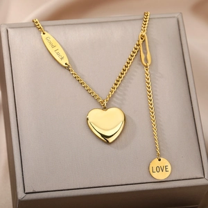 Minimalist double-layer gold heart pendant necklace with Good Luck and LOVE engravings