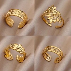 Bague Ouverte en Acier Inoxydable Minimaliste pour Femme Homme Plaqué Or 18K Étoile Lune Feuille Motif Géométrique Ajustable