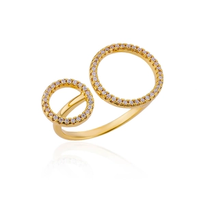 Detailed view of gold multi-layer geometric ring with micro-paved white cubic zirconia