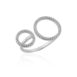 Detailed view of silver geometric double circle ring with micro-paved cubic zirconia stones