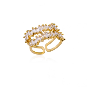 Detail view of double-row rectangular zircon stones on a gold-plated adjustable ring