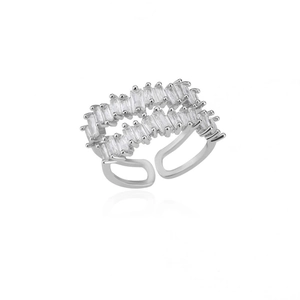 Detail of silver double-row rectangular zircon ring with an adjustable open band design