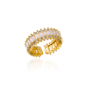 Detailed view of gold-plated geometric double-layer ring with sparkling cubic zirconia
