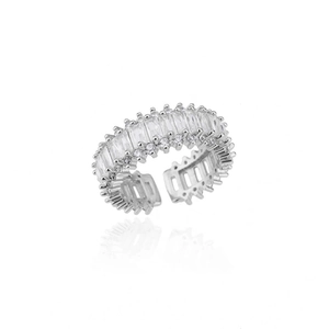 Detail view of adjustable ring showing baguette-cut zircon stones and silver plating