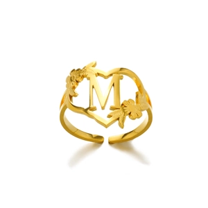 18k vergoldeter Edelstahlring, Herzform mit Buchstabe M und kleinen Blumen