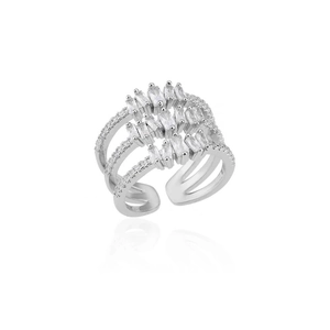 Detail of silver-tone multi-layer open ring featuring rectangular and round cubic zirconia