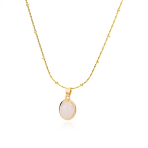 Elegant gold titanium necklace with oval pink gemstone pendant and beaded chain