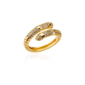 Macro shot of gold-plated wrap ring with micro-pave zircons and textured ridges