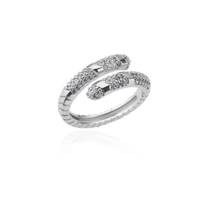 Macro detail of silver geometric layered ring with white zircon stones and spiral texture