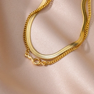 Minimalist 18k gold plated double layer anklet featuring flat herringbone and link chain
