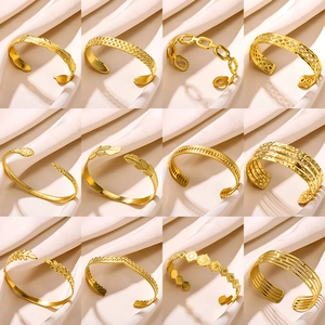Vintage Stainless Steel Open Cuff Bracelet For Women Gold Plated Snake Feather Leaf Geometric Hollow Bangle Jewelry
