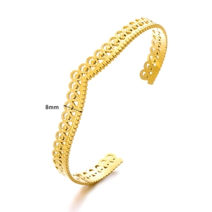 8mm gold plated stainless steel open bangle featuring intricate hollow lace patterns