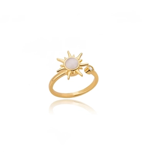 Minimalist gold rotating sunflower open ring with white gemstone on white background