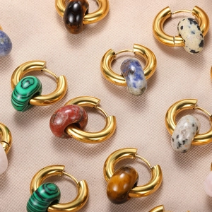 French retro gold-plated hoop earrings featuring natural stone doughnut beads
