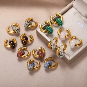 Gold Plated Stainless Steel Hoop Earrings With Natural Stone Donut Pendant Retro French Design Jewelry For Women Daily Wear