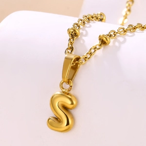 18K gold plated stainless steel bubble letter S pendant necklace with beaded chain