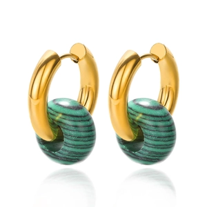 Vintage French style malachite hoop earrings with gold-plated metal doughnut charms