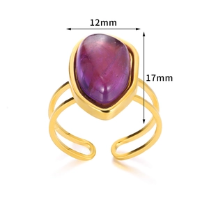 Detailed view of irregular purple teardrop stone ring in 18K gold plated steel