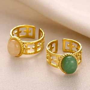 Detail view of irregular natural stone gold plated stainless steel open rings