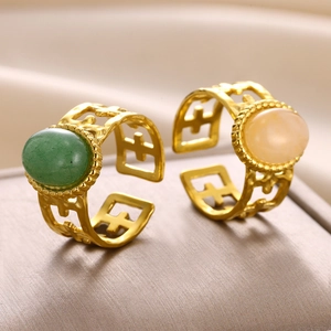 Irregular natural stone 18K gold plated stainless steel ring with vintage open design
