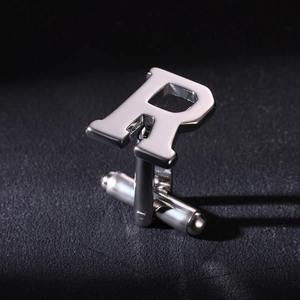 Polished silver stainless steel cufflink in capital letter R shape for men's business wear