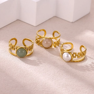 French vintage stainless steel open rings with green brown and white natural stones