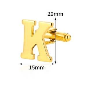Polished golden letter K cufflinks for men with T-back closure and 20mm size scale