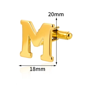 Detailed view of gold M letter cufflinks showing dimensions 18mm by 20mm for formal shirts